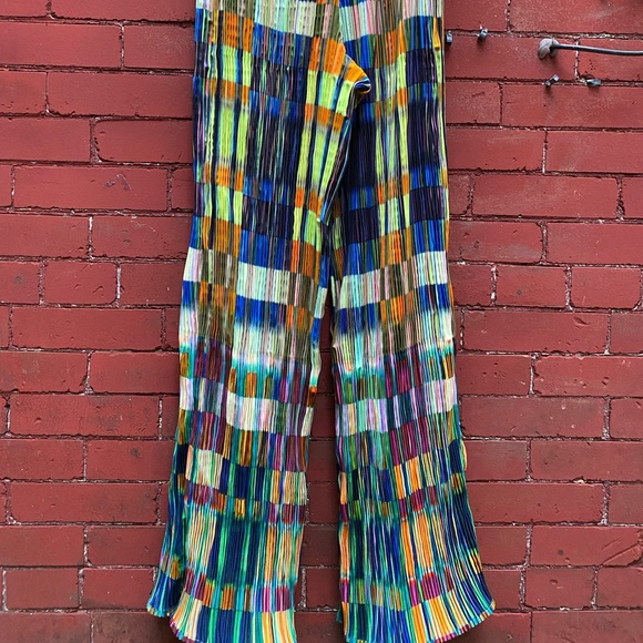Julia Heuer Crinkle Stretch Pant Bell Wide Leg Rainbow Pride Orange Blue Rave - Picture 9 of 9